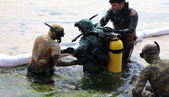 Başkanı Şayir temizlik için denize daldı! 
